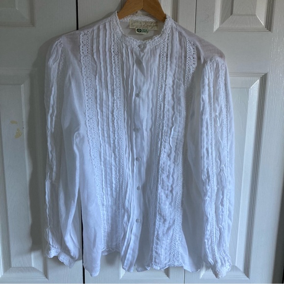 Irish Linen ☘️ Long Sleeve Victorian Style Blouse Size S-M Cream - Picture 3 of 14